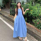 2026 New Design Feeling Waist Thin A-Character Skirt Holiday Style Temperament Blue Vest Small Dress