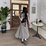 Large-Size Lattice Short-Sleeved Dress Women's Summer Waists Thin A-Word Dress Fat MM French Retro Wrinkled Skirt
