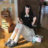 Summer French Vintage College Style Wearing Design Lace Sleeves Short-Sleeved T-Shirt + Wavet-Point Temperament Skirt Suit
