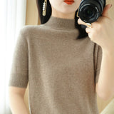 Wool Blended 2026 Autumn And Winter Women's Clothing Loose Half-High Collar Short-Sleeved Jersey T-Shirt