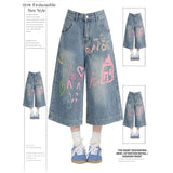 Dopamine Wears Graffiti Cowboy Sevens Women's Summer Broad Legs Mids Loose Straight Street Casual Shorts