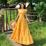 Xinjiang Yunnan Tourism Seaside Holiday Yellow Long V Collar Small Flying Sleeves To Close The Waist Dress French Retro Dress