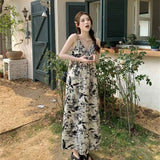 National Feng Shui Ink Painting V Tie Dress Women 2026 Summer New Loose Lazy Leisure Holiday Floral Dress