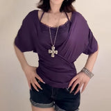 Fat Sister Short Sleeve Pure Desire V-Neck Waist Top Summer New Lace Hanging Neck Sling Hot Girl Two Sets Of Tide