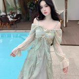 French Lotus Side Shoulder-Coat Dress Women's Summer 2025 New High-End Temperament Waist Fairy Dress
