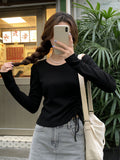 Autumn Long-Sleeved T-Shirt Women Thin Bottom Shirt Drawstrings In The Bottom Shirt Slim Slimy Irregular Sweet Spicy Top
