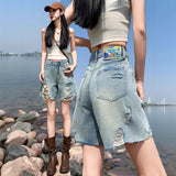 Hole-Breaking Five-Point Denim Shorts Women's Summer Thin Loose High Street Beggars 5 Points Straight Casual Trousers