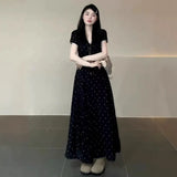 Large-Size French Temperament V-Neck Wave Point Closing Dress Women Summer Fat Mm Pear Shape Body Large Thin Black Dress