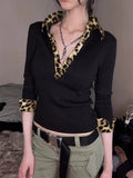 Spice Leopard Print Splicing V-Neck Long-Sleeved T-Shirt For Women's Autumn And Winter New Body-Repair Shirts Ins