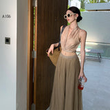 Seaside Vacation Travel Wearing A Suit Summer Sexy Hanging Neck Blouse Pendant Broad Leg Trousers Two Sets Of Single Shot