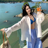 Maldives Holiday Casual Wear Blue Bikini White Sunscreen Shirt Women Summer Seaside Sexy Three-Piece Set