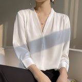 Silk Satin 2026 Summer Women's New Short Satin Shirt V Collar Simple Nine-Sleeve Temperament Match French Top