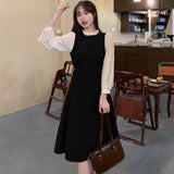 Fat MM Temperament Long Over-The-Knee Skirt Large Size Early Autumn French Retro Splicing Fake Two Waist Dress Woman