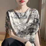 Silk Satin 2026 Summer New Women's Collar Temperament Print Short Chinese Feng Shui Ink T-Shirt Vest