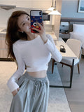 Sexy Lumen Hollow Slimmed-Up Girlins Slimming Design Reveals Short Umbilly Blouse Long-Sleeved Bottom Shirt