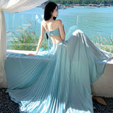French High-Grade Light Blue Languing Belt With Hanging Neck Dress Sexy Folded Seaside Holiday Dress Girl Summer