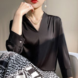 Silk Satin 2026 Summer Women's New Short Satin Shirt V Collar Simple Nine-Sleeve Temperament Match French Top