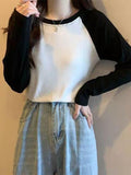 Long-Sleeved T-Shirt Women's Spring New Korean Version Of The Collage Splicing Round Collar Bottom Jersey Fat MM Large Size Women's Loose Top Tide