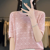 Breathable Sweating Ice Silk 2026 Spring New Women's Round-Neck Loose T-Shirt Knitted Short-Sleeved Top