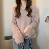 Soft Soft Glutinous Sweater Women's Autumn And Winter White Languid Wind High Sense V-Neck Knitted Shirt Loose Long-Sleeved Top