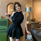 Sleeveless Hanging Neck Vest Top Women's Summer Gold-Sensitive Set Lotus Leaf Cake Half-Dress Short Skirt Temperament Two-Set