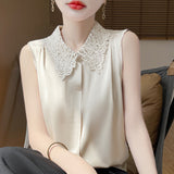 Silk Satin 2026 Spring And Summer Women's New Satin Polo Round Collar Dark Buckle Sleeveless Shirt Solid Color Top