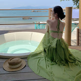 French Green Ribbon Sling Dress Woman Supine Yunnan Dali Thailand Seaside Beach Dress