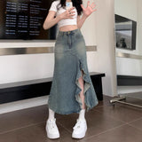 Fishtail Irregular Opening Cowboy Half-Dress Girl Retro Blue Lace Wave High Waist Small Hot Babes Bag Hip Skirt