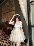 French Thousand Gold Wind Bow Bowed Flowery Princess Poneng Fine Glittering Tail Dress Woman