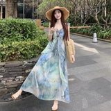 Summer New Super Fairy Faint Printing Sleeveless Dress Holiday Wind To Show Thin Leaves Side Long Skirt
