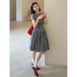Summer Chic Feeling Beautiful Little Suit Female Gray Round-Neck T-Shirt Tibetan Cyan Lattice Skirt Two-Piece