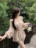 French Gentle Shoulder Long Sleeves To Collect Waist Chiffon Shirt Women Autumn Sweet Suit Casual Straight Shorts Two-Piece Set