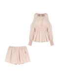French Gentle Shoulder Long Sleeves To Collect Waist Chiffon Shirt Women Autumn Sweet Suit Casual Straight Shorts Two-Piece Set
