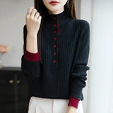 Wool Blending 2026 Autumn And Winter New Lady Loose Semi-High-Collar French Style Hit-And-Fleet Two-Piece Bottom Knitting Shirt