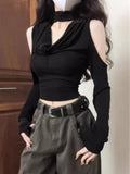 Pure Hot Girl Out-To-Shoulder V-Neck Hollow Bottom Shirt Autumn New Wasteland Black Long-Sleeved T-Shirt Short Top Tide