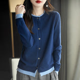 Fine-Woven Wool 2026 Autumn And Winter Women's New Loose Round-Neck Color Short Fake Two Bottom Blouse Knitted Open Shirt