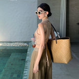 Seaside Vacation Travel Wearing A Suit Summer Sexy Hanging Neck Blouse Pendant Broad Leg Trousers Two Sets Of Single Shot