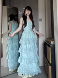 French Holiday Style Mint Green Crumlode Dress Women Summer Small Design Feel Waist Thin Cake Dress