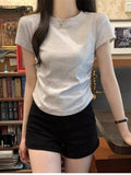 Summer 2025 Shoulder T-Shirt Women To Folded Short Sleeves Irregular Sweet Spicy Thin Little Man Round Collar Short Top