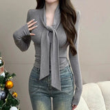 Autumn And Winter With Pure Temperament Tight Short V Tie With Long-Sleeved T-Shirt Slimy Sexy Top