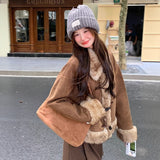 Vintage Hair Spliced Velvet Coat Woman 2025 Autumn And Winter Merad Plus Thick Horn Buckle Unique Super-Look