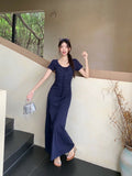 French Temperament Tibetan Blue With Short-Sleeved Dress Women's New Summer Waist Thin A-Dress Skirt Ins Tide