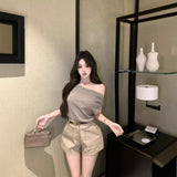 Pure-Style Sweet Hottie Shoulder Hot Diamond Short-Sleeved T-Shirt Girl Summer New Design Slimming Top