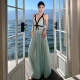 Beautiful Dopamine Atmosphere Holiday Wind Mint Green Hanging Neck Deep V Chest Hollow Back Temperament Slings Long Skirt