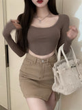 Small Tight Long-Sleeved Design Feel Bottom-Up Shirt Open Pavelette Wearing Hot Girl Short Top Girl Spring And Autumn Kaqi Color T-Shirt