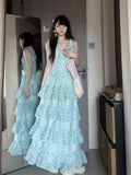 French Holiday Style Mint Green Crumlode Dress Women Summer Small Design Feel Waist Thin Cake Dress
