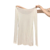 Pure White Square Collar Long-Sleeved T-Shirt Girl Spring Slimming Thin Shoulder T-Shirt Chic Sweet Spicy Inside Cloth