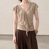 Fat MM Design Sense V-Neck Short-Sleeved T-Shirt Women's Summer New Asymmetric Lotus Leaf Edge Slim Slimming Temperament Blouse