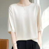 Airable Silk Satin 2026 Spring And Summer New Women's Round Collar Loose Solid Color Acetic Satin Noodles T-Shirt