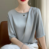 Silk Satin Paste Acetic Acid 2026 Spring And Summer New Women's Five-Sleeve Collar Loose T-Shirt Short-Sleeved Top